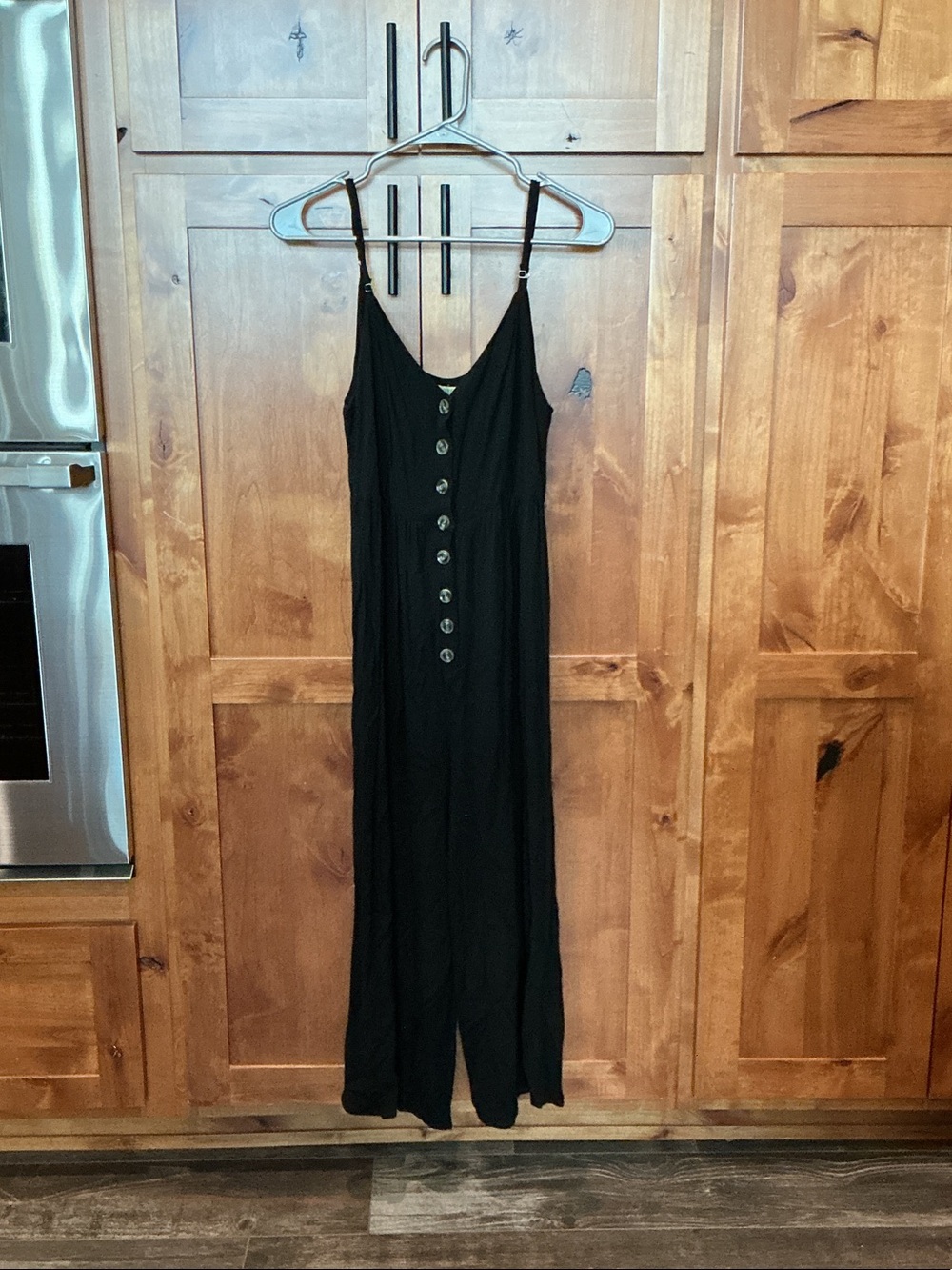 Kori Black Button-Front Spaghetti Strap Jumpsuit
